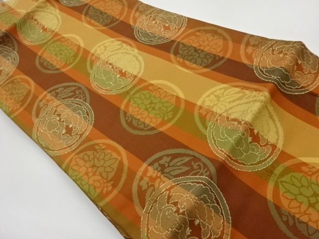 リサイクル　縞に丸文・花鳥模様織出し名古屋帯